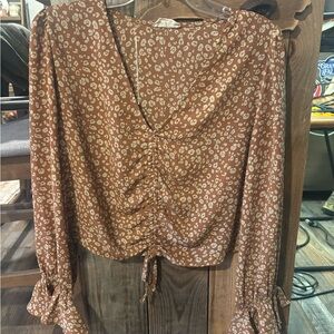 Altered State Womens Rust Leopard Print Ruched Long-Sleeve Top